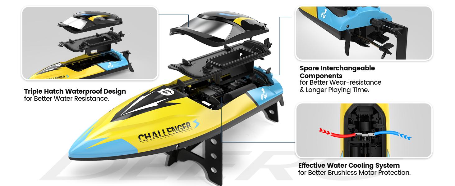 DEERC Brushless RC Boat, 30+ mph Fast Remote Control Boats with Never Capsize&Low Battery Alarm Function, Racing Boat with LED Lights for Pools&Lakes