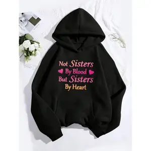 "Sisters by Heart" - Creative Minimalist Letter Pattern Hoodie with Kangaroo Pockets - Women's Casual Sweatshirt Hoodie Breathable