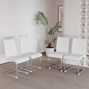 Modern Dining Chairs Set of 4，PU Leather High Back Upholstered Seat with Gold Metal Legs for Kitchen Living Room Office, White
