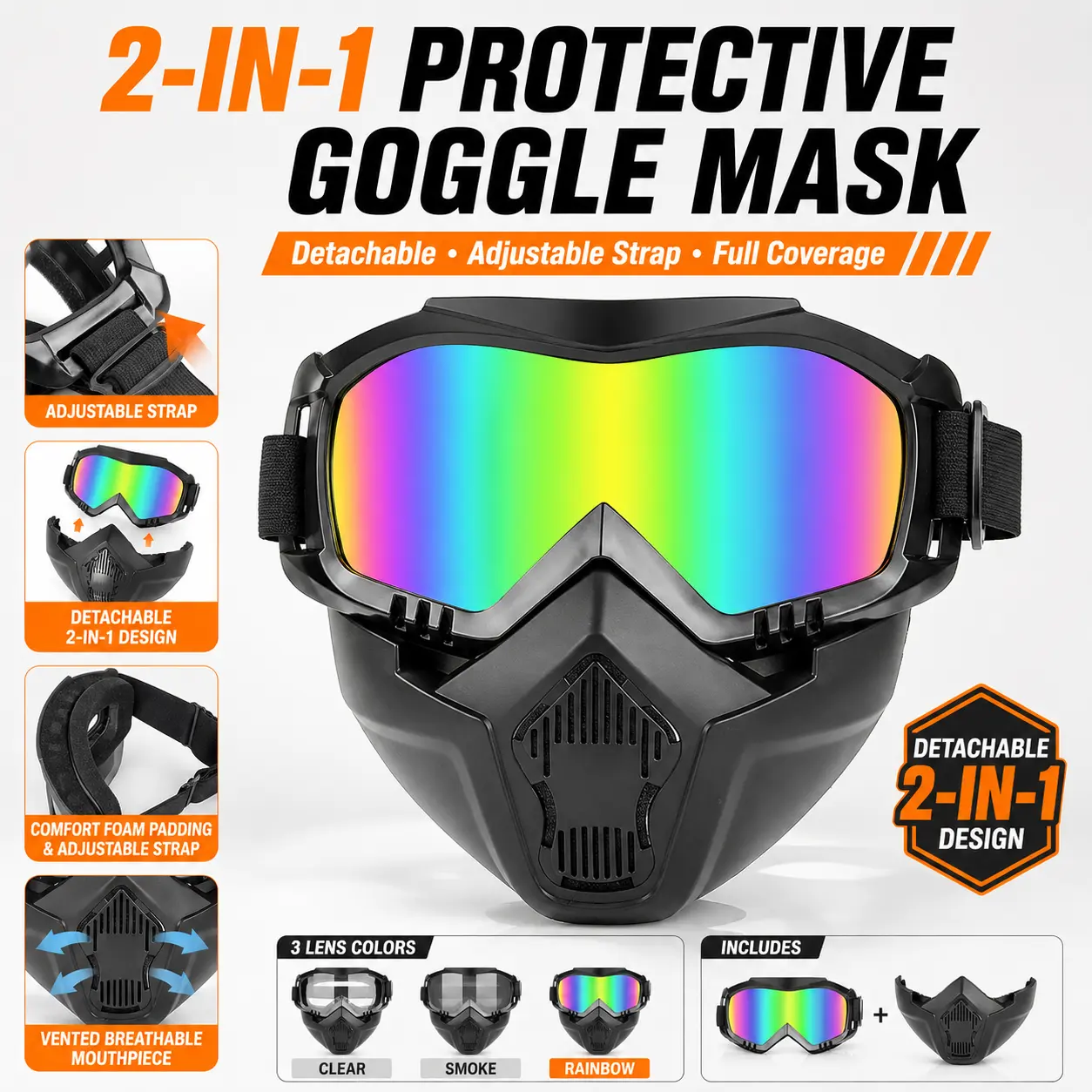 Unisex 2-in-1 Detachable Full-Coverage Tactical Goggles Mask for Riding/Skiing, PC Shell, Adjustable Elastic Strap for Adjustable Fit, Soft Foam Padding, Wide View Lens, Glasses Friendly, 4 Lens Swap Options