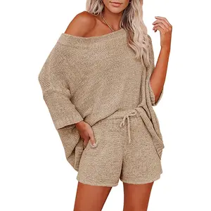 Imily Bela Women's 2 Piece Outfits Sweater Sets Off Shoulder Knit Top Shorts Matching Suits Cute Pajama Lounge Set Loungewear Nightwear Womenswear Long Sleeve Casual Homewear Pajama Set Pjs Comfort Basic