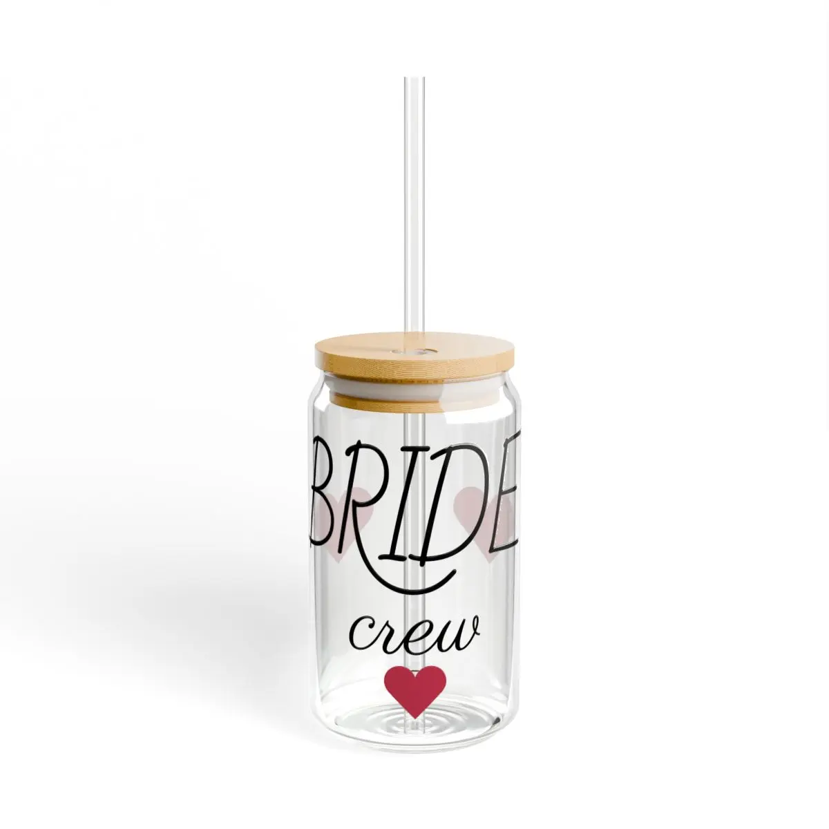 Bride Crew with hearts Sipper Glass with bamboo lid and plastic straw, 16oz Drinkware Beverage
