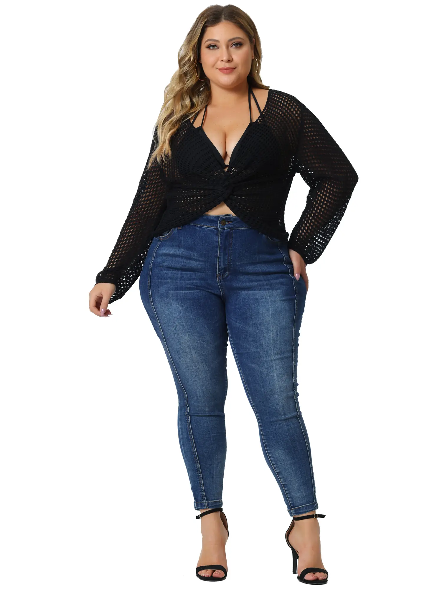 Agnes Orinda Plus Size Mesh Crochet Crop Top for Women Hollow Out Knit Sweater Beach See Through Cover Ups