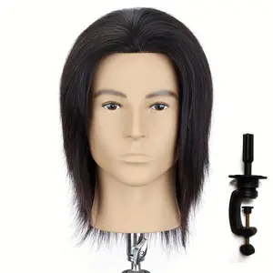 100% Human Hair Male Mannequin Head 8 Inch Hairdresser Practice Beauty Styling Training Mannequin Doll Head, Free Desktop Small Stand (Black) Barber Shops Hand Implanted Hair Stylists Hair Salons