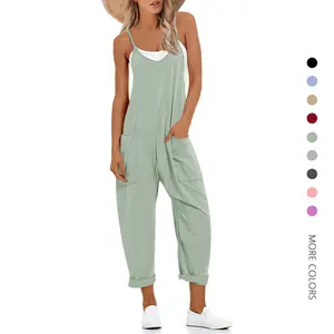 Danedvi Women's Summer Sleeveless Loose Casual V Neck Jumpsuits Spaghetti Strap Long Pants Baggy Overalls with Pockets