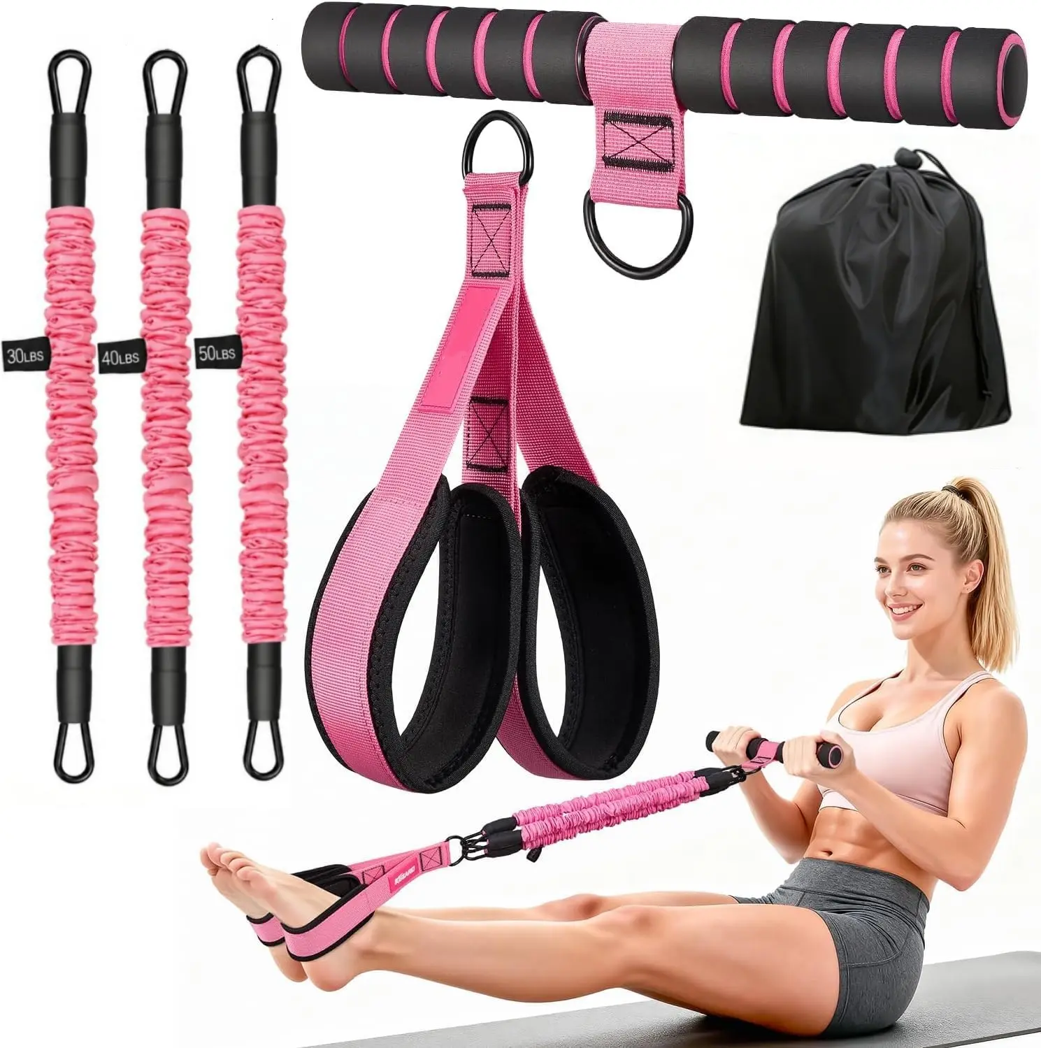 MAOZAIZAI Upgraded Multifunction Pedal Resistance Band with Handle,Ankle Straps 30/40/40 lbs, 3 Tube Adjustable Resistance Bands for Abdomen, Waist, Arm, Core/ABS, Leg Workout - Sit Up Exercise Equipment for Women