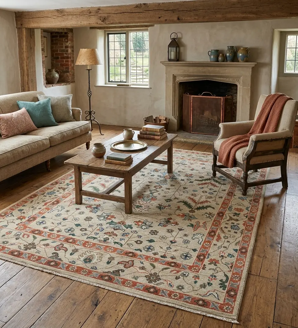 8x10 ft Hand-Knotted Antique-Style Oushak Wool Rug - Earthy Terracotta & Sage