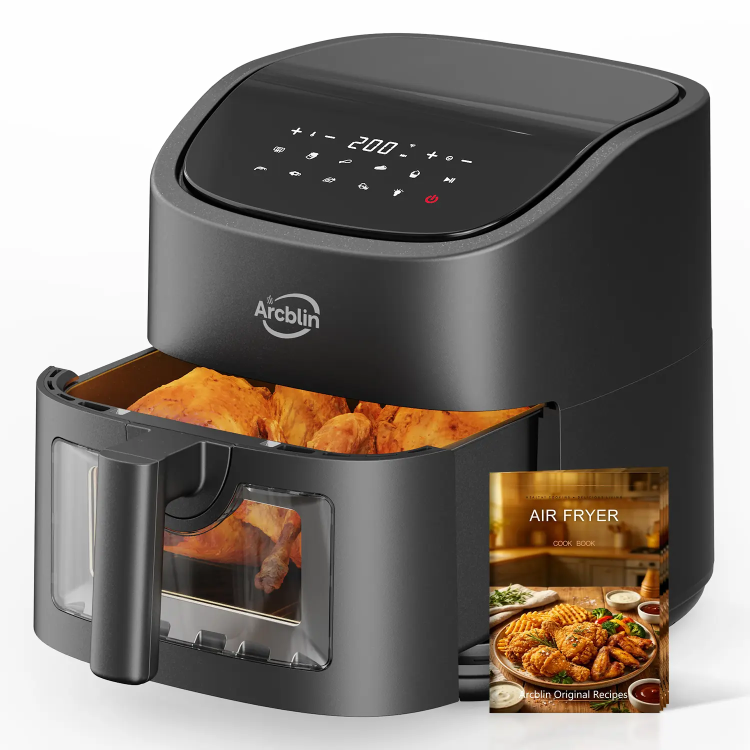 6.34 Qt Compact Air Fryer Oven with Visible Window, 1500W Large Capacity, 12 Presets, 304 Stainless Steel Heating Element, Touchscreen Control for Healthy Oil-Free Cooking, Black
