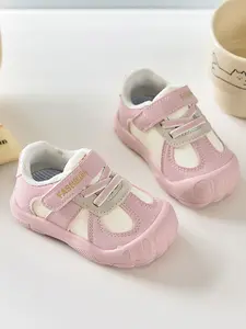 Baby Girl Patchwork Leather Mesh Walking Shoes, Anti-Collision Non-Slip Wide Round Toe Low Top Velcro Flats, Spring & Fall Indoor Outdoor, Soft Soled Shoes