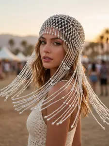 Long Fringe Juliet Hat, Multi-Color Choice, Party Festival Bride Hair Net, Stunning Artificial Pearl Headpiece, Elegant Accessory
