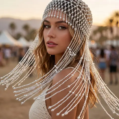 Long Fringe Juliet Hat, Multi-Color Choice, Party Festival Bride Hair Net, Stunning Artificial Pearl, Elegant Accessory, Bridal Hair Accessories