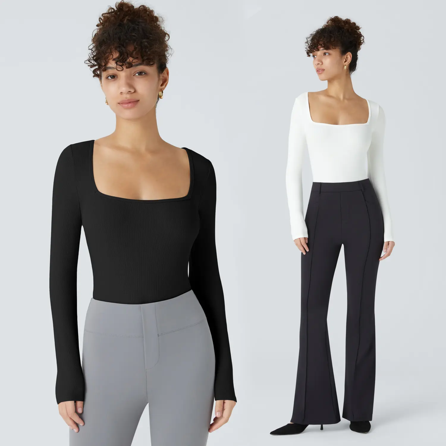 Halara 2-Piece Ribbed Knit Square Neck Long Sleeve Button Skinny Work Bodysuit Set #BackToSchool