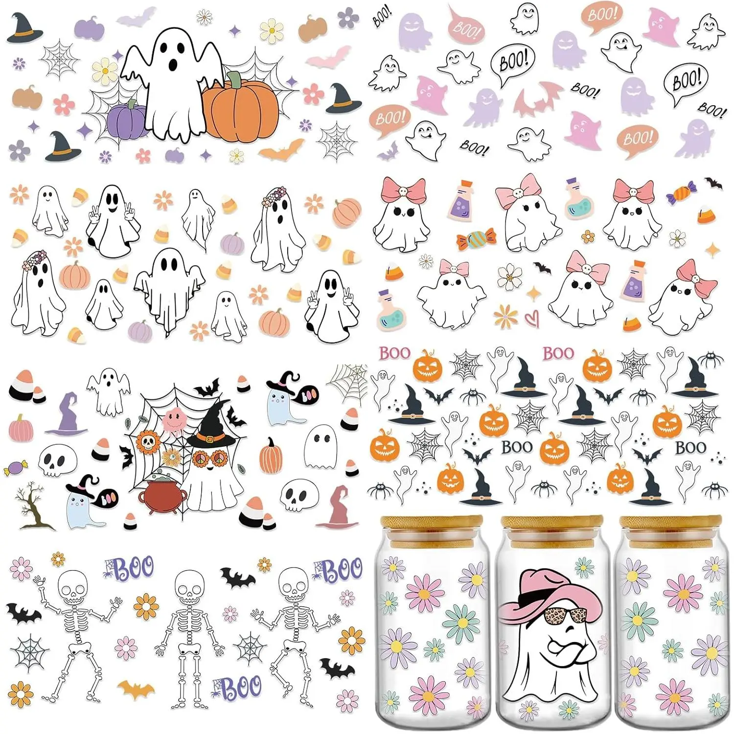 UV DTF Cup Wrap - 8 Sheets Halloween UV DTF Cup Wraps for 16 oz Ghost Skull Pumpkin Uvdtf ,  Skeleton Personalized Rub on Transfers for Glass  Crafts