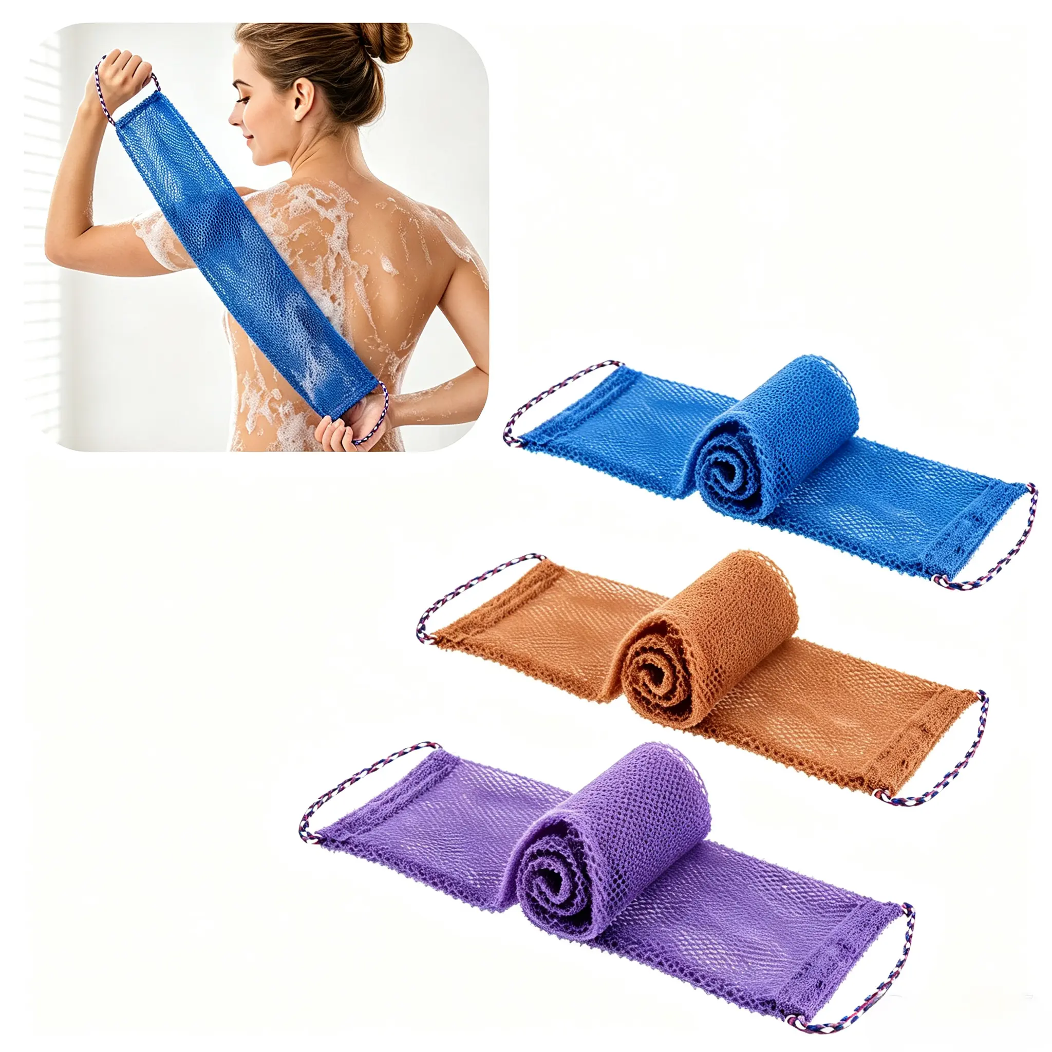 3-Pack African Exfoliating Net Sponges with Handles, Long Nylon Back Scrubber Shower Mesh Towel for Dead Skin Removal & Body Smoothing (Bath Body Scrubber for Beauty & Personal Care)