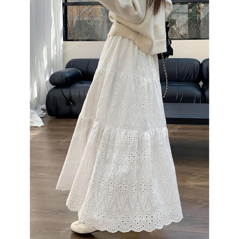 YuanYuanQun Women's A-Line Maxi Skirt - Elegant Solid Color High Waist Fitted Skirt with White Lace Jacquard, TB513640, All-Season Chic Bottoms