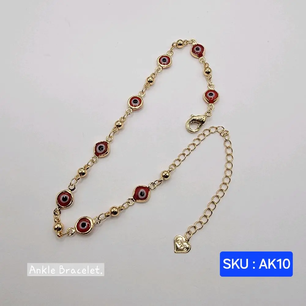 Ankle Bracelet Red Evil eyes adjustable 8 to 11 inches (27 centimeters) long, 3 millimeters wide.  Gold Plated SKU AK10 Anklet Jewelry Accessories