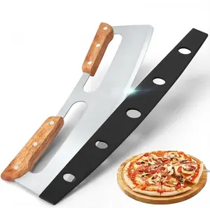 14" Pizza Cutter Rocker – Sharp Stainless Steel Blade with Wooden Handles, Large Pizza Slicer with Protective Cover, Easy to Use & Clean press Multi-Purpose