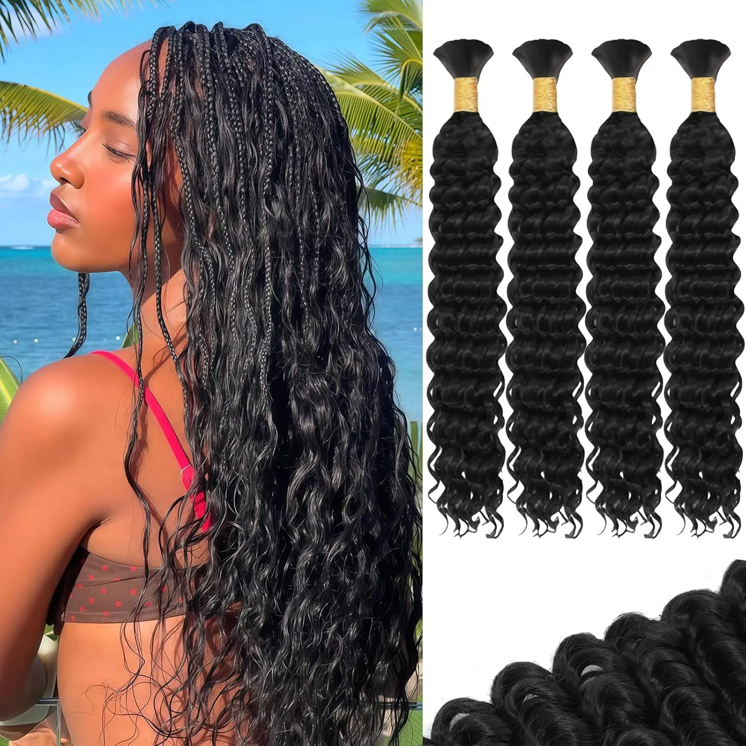 Human Braiding Hair Mix Synthetic Boho Hair for Braiding, 16 Inch 200g Boho Braids 4  Wet and Wavy Curly Deep Wave Bulk Bohemian Extensions for Black Women (Black, 16 Inch)