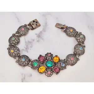 Antique harlequin Czech glass and metal filigree bracelet