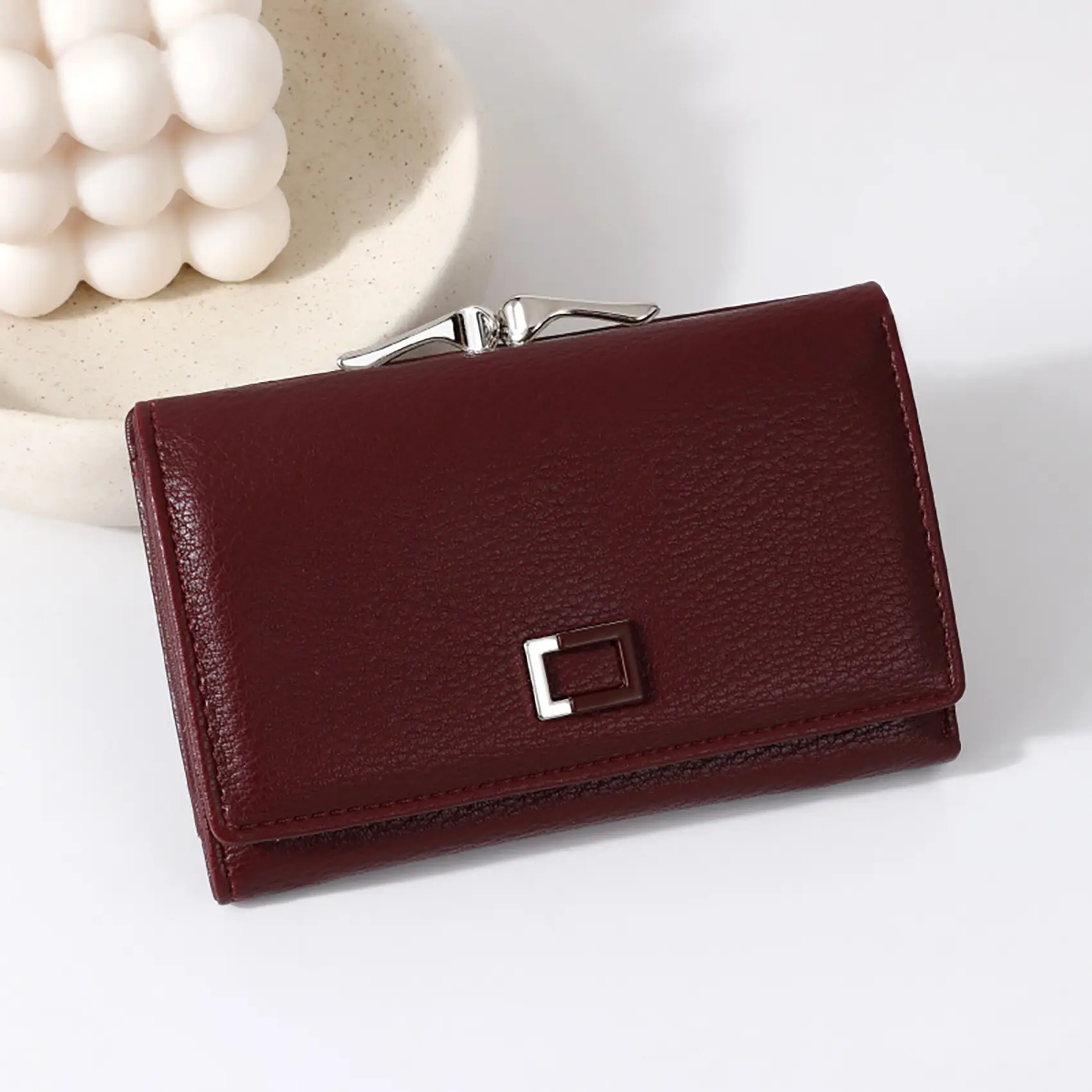 Women's Solid Color PU Leather Card Holder, Fashionable Metal Buckle Flap Burgundy Short Wallet, Casual Versatile for Daily Use, Casual Trendy Wallet, Ladies Wallet