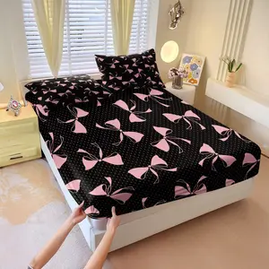 Polka dot & pink bow-knot print fitted sheet set, 1 fitted sheet & 2 pillowcases without filler, black & pink color scheme, exquisite style with a sweet & charming, healing vibe, perfect for those who love a sweet yet edgy style, an excellent gift choice.