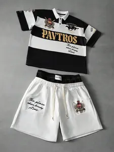 🔥 Retro Los Angeles 1994 Striped Polo Shirt and Shorts Set | Faux two-piece shorts design, street style, gold emblem print, casual two-piece set for men and women, a perfect choice for summer OOTD and trendy street style