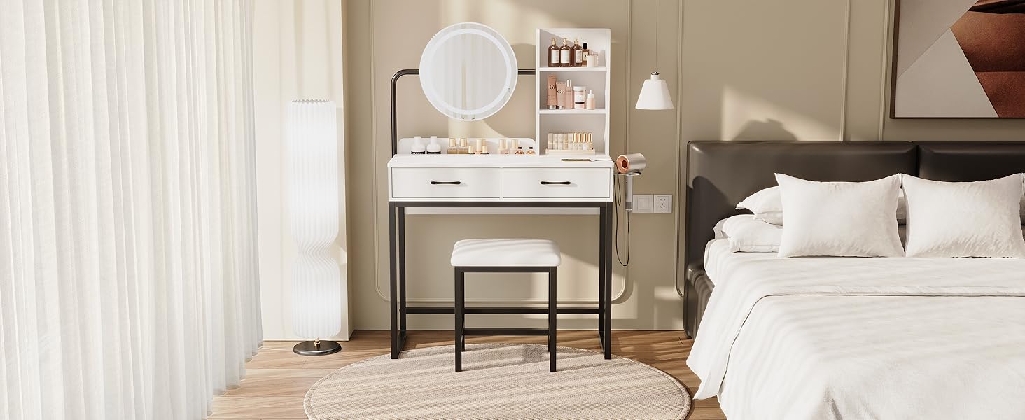 [Summervibes] Vanity Desk with 360° Rotating LED Mirror & Lights, 2 Drawers & 6 Shelves, Dressing Table with Power Outlet & Hair Dryer Holder – Perfect Gift for Her & Bedroom Essential