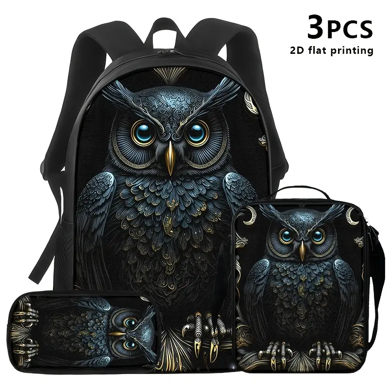 Kids' Unisex 3-Piece Backpack Set Pack, Water-Resistant 600D Oxford Bag with Black Owl Art Print/Owl Print, Insulated Lunch Box for School Lunches, Pencil Case, Padded Straps, Fits 15" Laptop, Back to School
