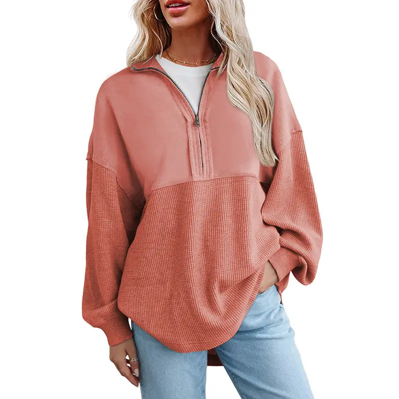 Women's Half-Zip Waffle Knit Tops - Oversized Long Sleeve Cotton Casual Pullovers DealsForYouDays,summerwins,summeroutfits,vacationoutfits,beachoutfits Knitwear Womenswear,back to school,back to school shopping