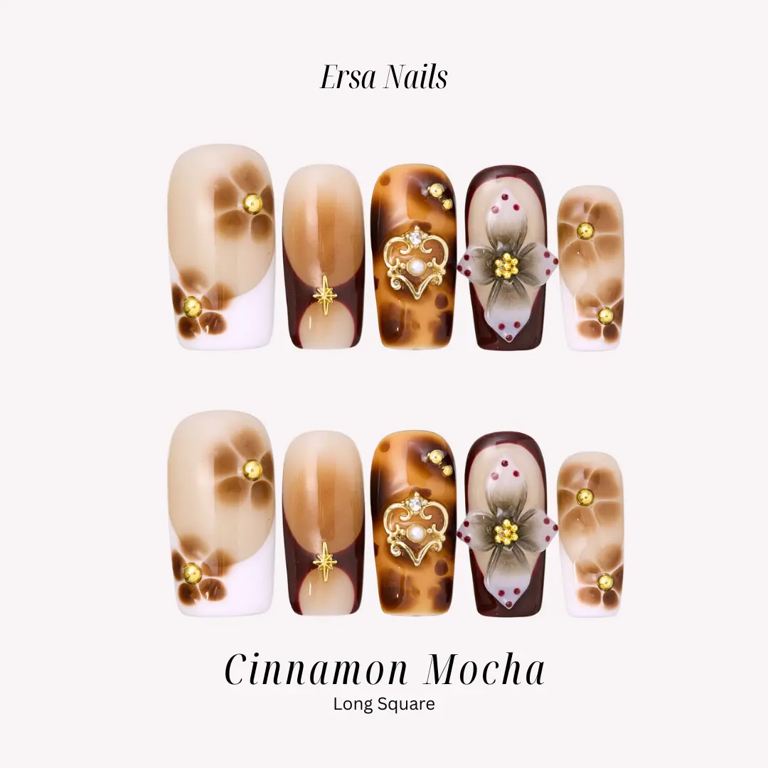 ErsaNails CINNAMON MOCHA - Long Square 10 PCS Handmade Press On Nails | 3D Flower & Gold Accents, Luxury