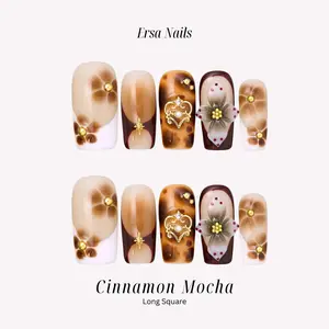 ErsaNails CINNAMON MOCHA - Long Square 10 PCS Handmade Press On Nails | 3D Flower & Gold Accents, Luxury