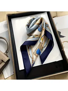 A 100% mulberry silk scarf - 20. 87 inches elegant square decorative scarf, breathable and non-stretching, machine washable, beige with blue and gold decorations, suitable for outdoor fashion accessories