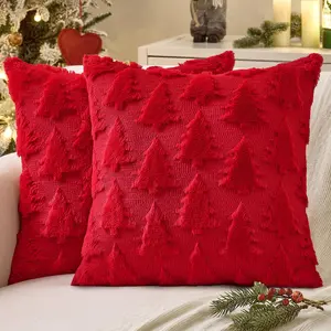 Set of 2 Christmas Throw Pillow Covers 18x18, Red Plush Faux Wool Cushion Covers with Xmas Tree Design, Soft Decorative Pillowcases for Winter Holiday Home Sofa Couch Decor