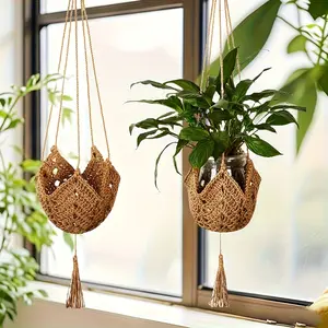 Bohemian Lace Plant Hanger Featuring Tassels, Made from Durable Cotton Rope Crochet. Suitable for Both Indoor And Outdoor Gardens, This Textured Lace Wall Basket Comes with Hooks