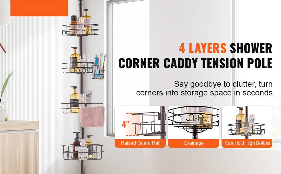 56 To 114 Inch Adjustable Shower Corner Caddy Tension Pole Rustproof Bathroom Organizer For Wet Areas, No-Drill Install, Strong Stainless Steel Construction, Anti-Rust Finish, Easy Assembly, Suitable For Small And Large Showers