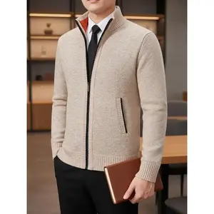 Men's Knitted Cardigan Sweater Jacket, Fall Winter Casual Stand Collar Fleece Lined Coat, Warm Zipper Pullover Knit Pullover Top Outerwear for Office Daily Wear
