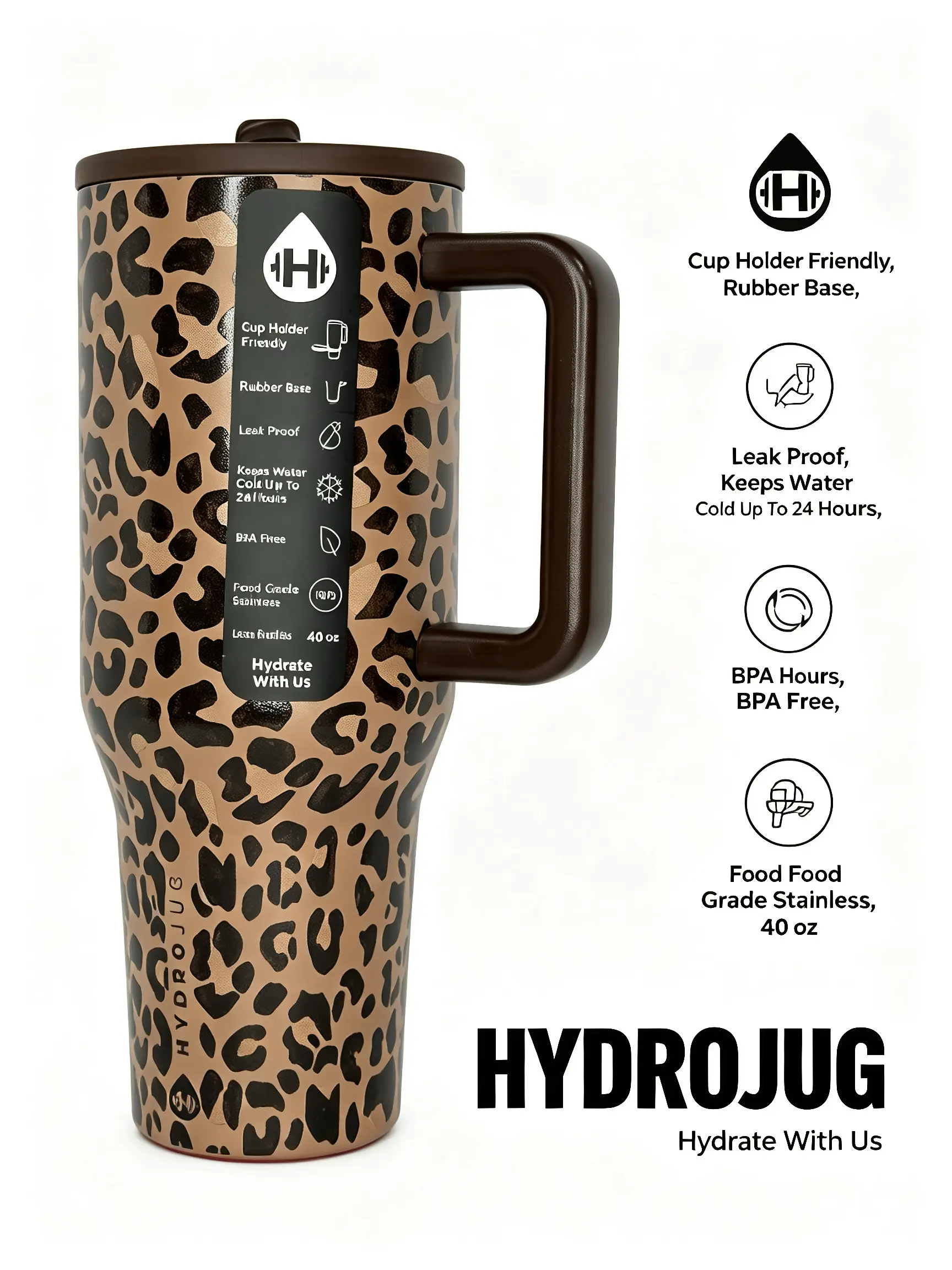 Brown Cheetah Print HydroJug 40oz Insulated Cup Keeps Ice Cold All Day