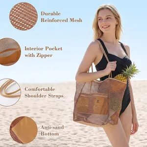 Large Mesh Beach Bag for Women Sandproof Beach Tote with Zipper Pockets and Anti-sand Bottom for Vacation Summer Essentials Pool Travel