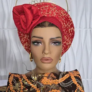 Red Damask Multi Color Sequence Autogele Turquoise Blue and Pink Mix Traditional African Headwrap for Women