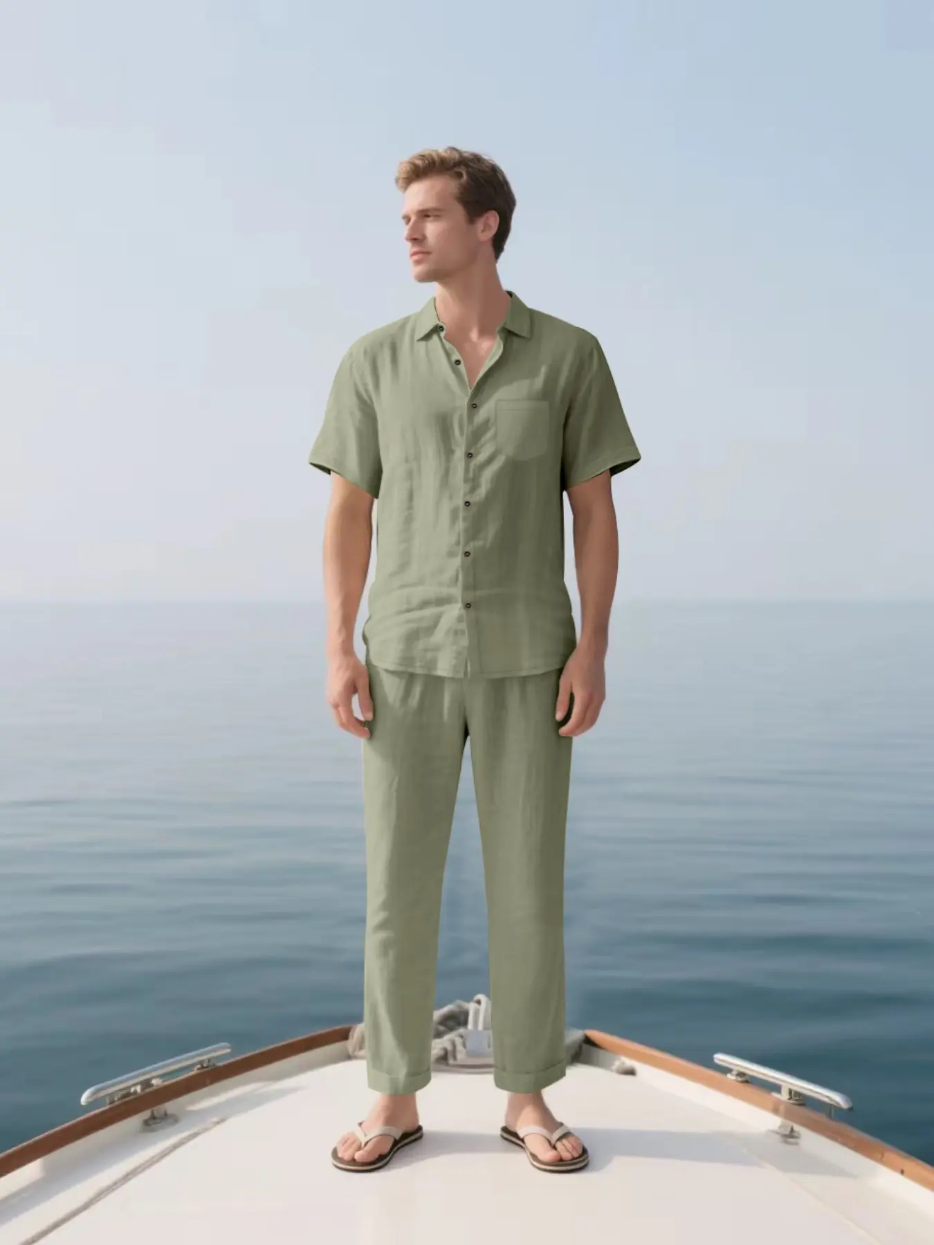 Summer Linen Men's Set, Outfit, Short Sleeve Shirt + Long Pants, Trouser, Loose Fit Casual Tropical Beach Style, Breathable, Comfortable and Stylish for Warm Weather