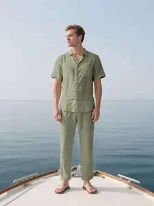 Summer Linen Men's Set, Short Sleeve Shirt + Long Pants, Loose Fit Casual Tropical Beach Style, Comfortable and Stylish for Warm Weather