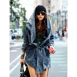 2025 Vintage-Inspired Women’s Denim Jacket with Drawstring, Hooded Long Sleeves, Casual Coat, Spring Top, Comfortable Fabric Outerwear, Adjustable