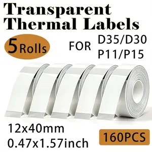 Transparent Thermal Label Paper, Waterproof Oil-Resistant Self-Adhesive Labels, 160 Sheets, Compatible with Laser and Inkjet Printers, 12mm X 40mm
