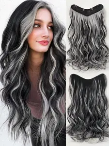 V-Shaped Clip In Hair Extensions White And Black Color 22-24 Inch Long Natural Wave Curly Synthetic Hairpiece