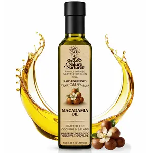 Macadamia Oil for Cooking and Baking · Raw · Unrefined · First Cold-Pressed at Temperatures Below 30°C · Pressed Only Once · Without Metal or Wood Contact · Small Batch · Handcrafted in Seattle USA · 100% Pure & Natural · Also Loved for Skin and Hair