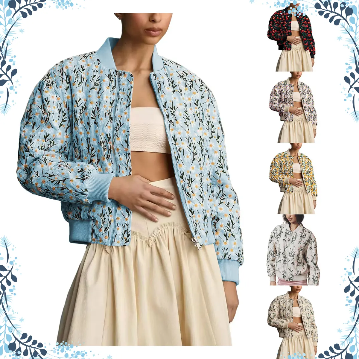Yeokou Women's Daisy Embroidered Bomber Jacket, Quilted Cropped Ramie Linen Zip-Up Coat for Outdoor Work, Rib, Zipper, Western Style, Party, Outerwear, Holiday, Western Look, Fitted