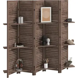 Summervibes Room Divider, 5 Panel 67 Tall Wood Privacy Screen with 3 Display Shelves, and Folding Storage for Bedroom or Home Office, Walnut