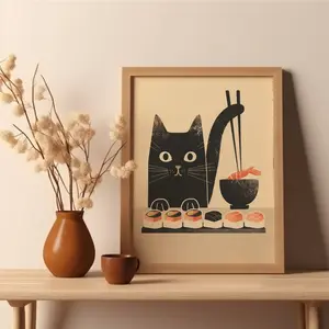 Japanese Sushi Cat, Black Cat Print, Gift for Cat Lover, Kitchen Wall Art, Funny Black Cat, Sushi Wall Art, Asian Cat Illustration