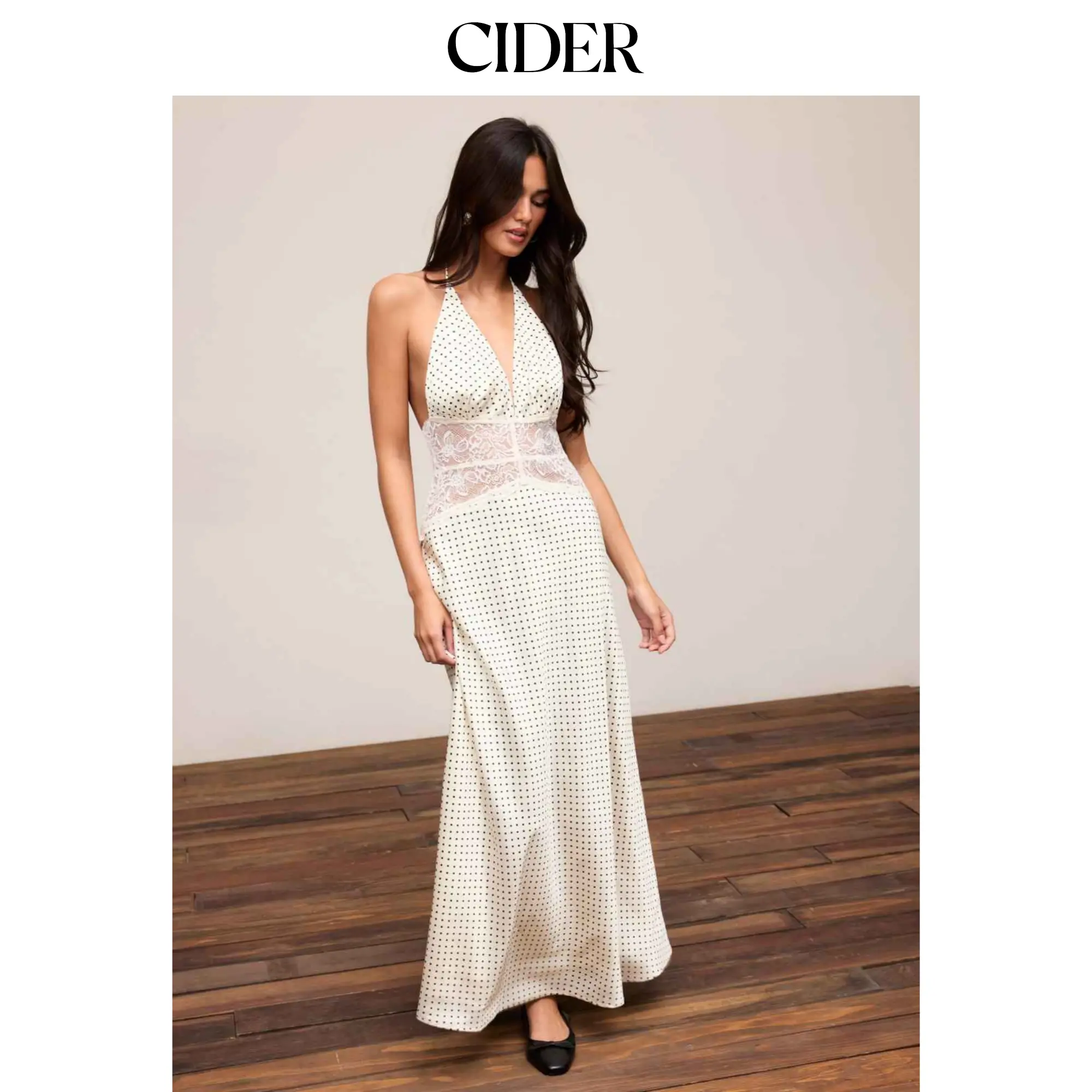 Cider Women's Satin Polka Dot V-Neck Sleeveless Lace Panel Mermaid Maxi Dress, Formal Wear