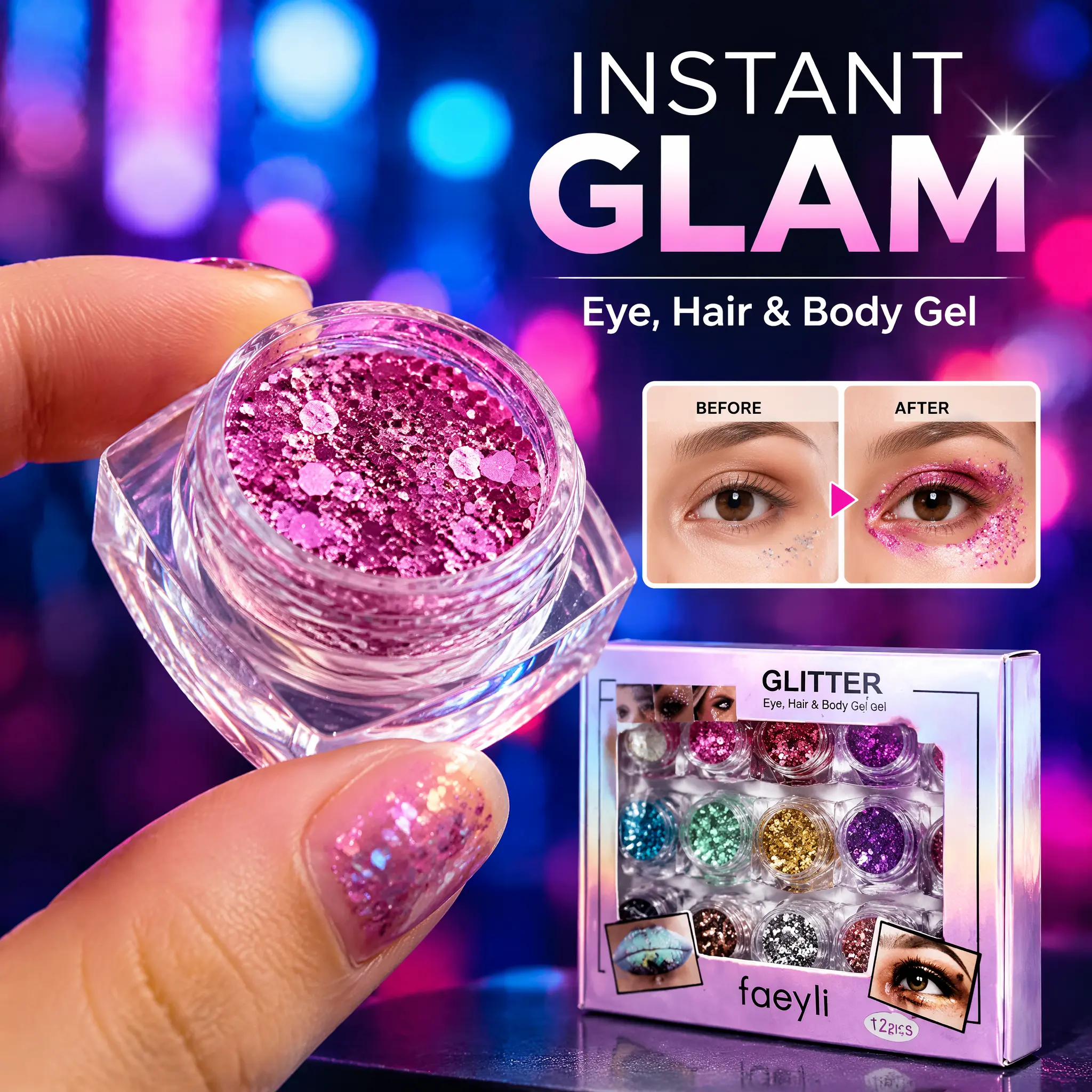Body Glitter Gel, Eye Hair Face Sequins Glitter Cream, Festival Makeup Chunky Glitter for Party Cosplay sheen effect shadow